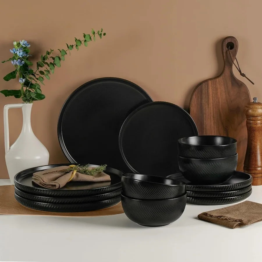 Matte Black Stoneware Dinnerware Set 12 Pieces Serves 4 Dishwasher Safe
