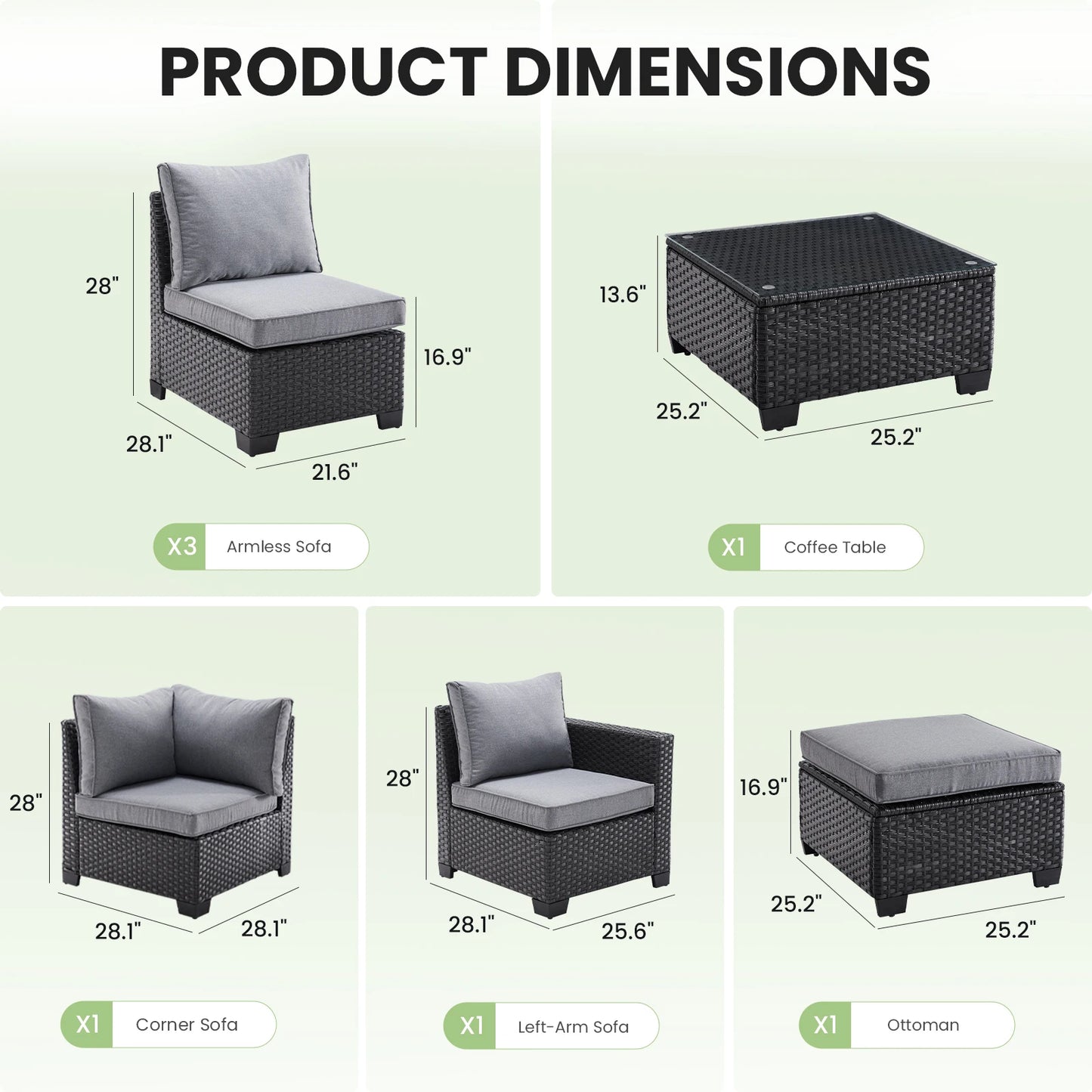Farini Patio Sectional Sofa Set, Outdoor Furniture with Ottoman, Water/Oil/Stain-Resistant Fabric, Dark Gray Cushion + Gray Wick