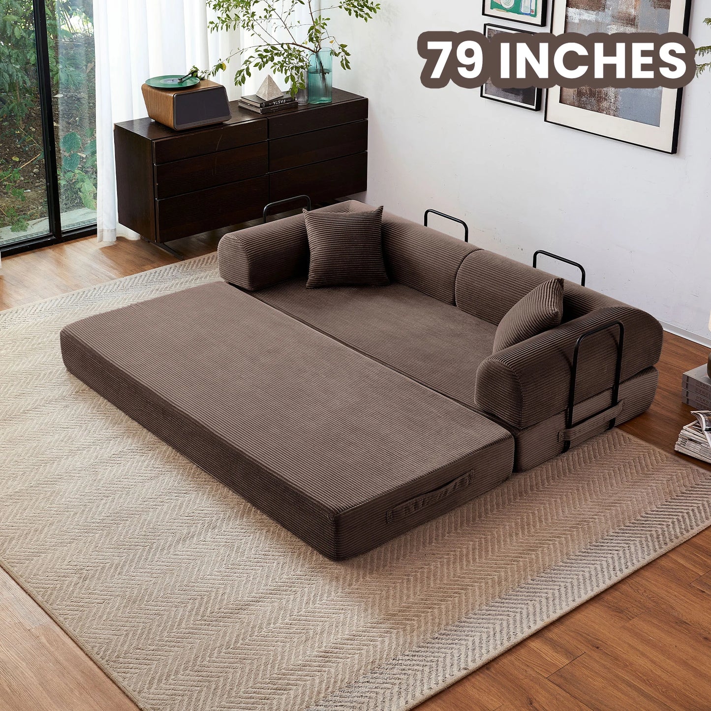 79 Inch Foldable Convertible Futon Sofa Bed With L Shaped Armrests