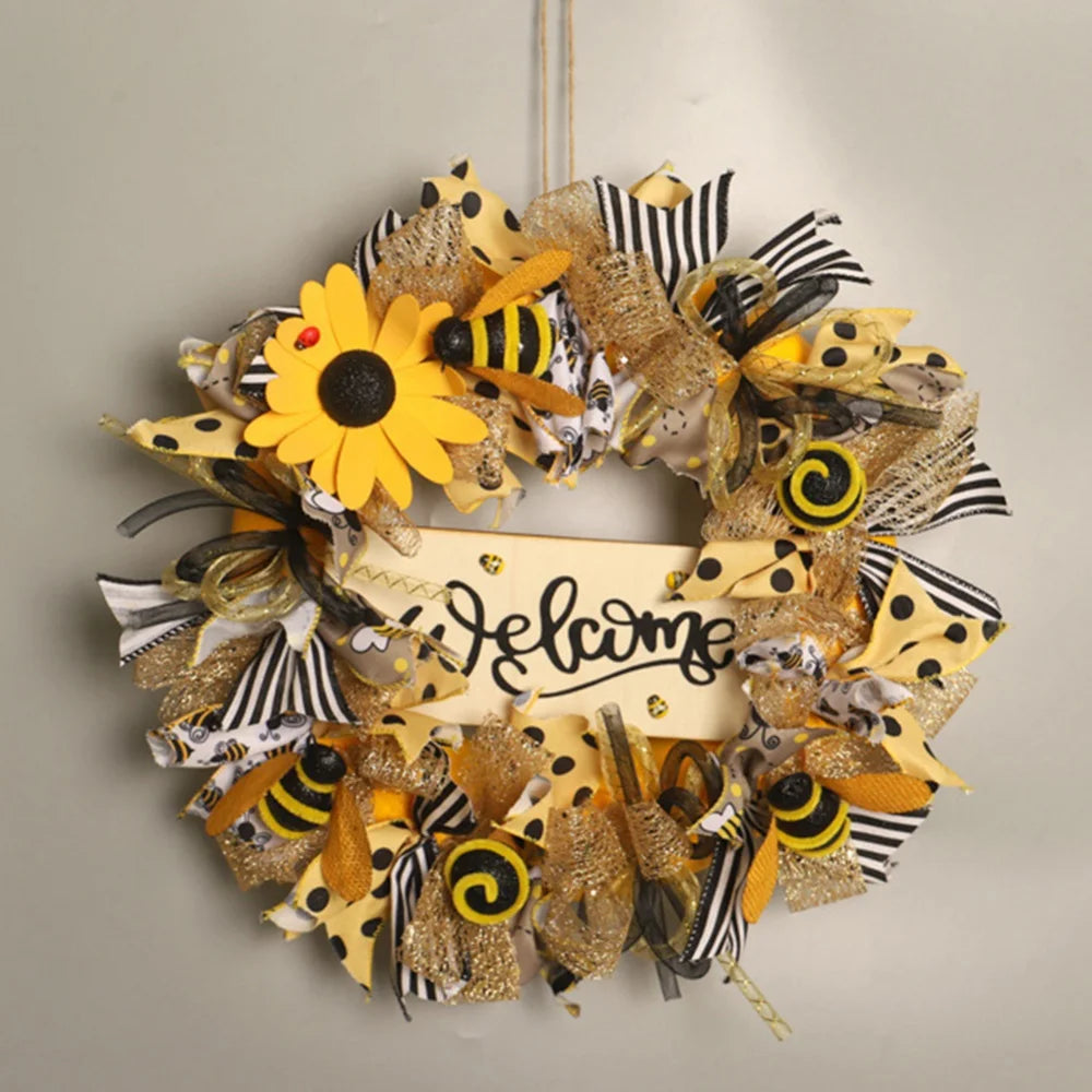 Bee Sunflower Wreath with Welcome Spring Summer Wreath for Front Door Housewarming Gift Farmhouse Porch Decor Wedding Favors