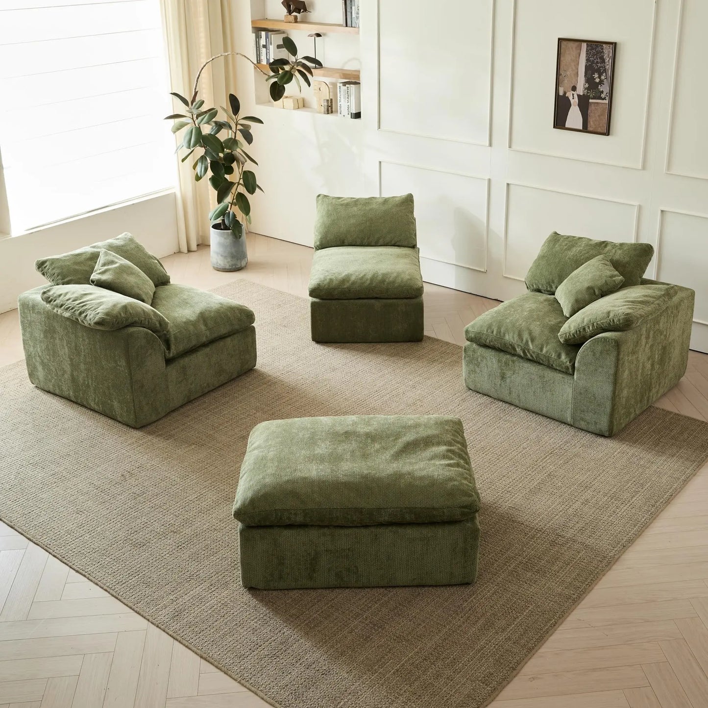 109 Inch Modern Cloud L Shaped Oversized Deep Seat Chenille Green Modular Sofa