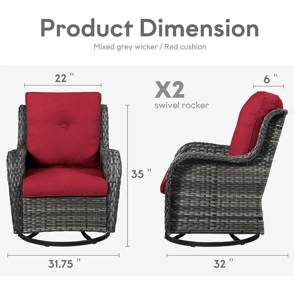 Red Swivel Wicker Patio Chairs Set of 2 with Cushions for Outdoor Deck, Balcony, Backyard
