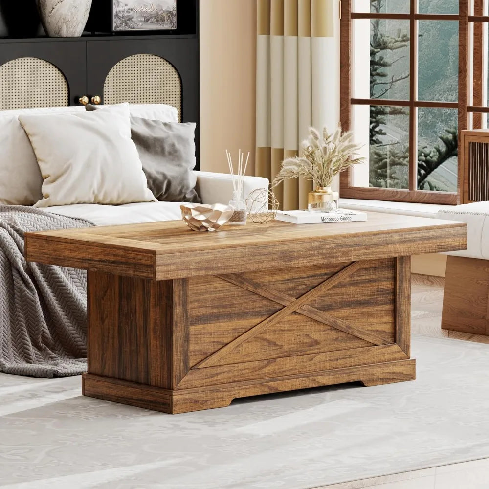 Rustic X-Design Wooden Pedestal Coffee Table for Living Room, Space-Saving Rectangle Home Furniture, Easy Assembly