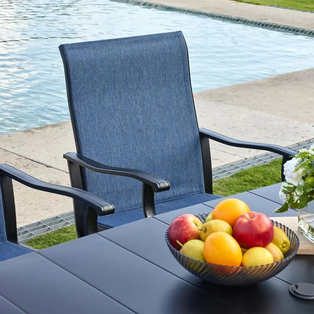 6 Piece Navy Blue Outdoor Swivel Patio Dining Set With 50 Inch Round Black Table