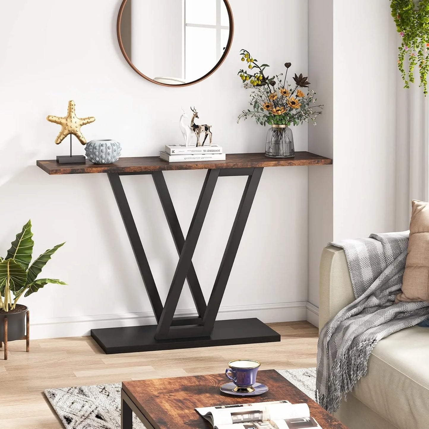 Industrial Rustic Brown Console Table 43 Inch Hallway Entryway Sofa Table