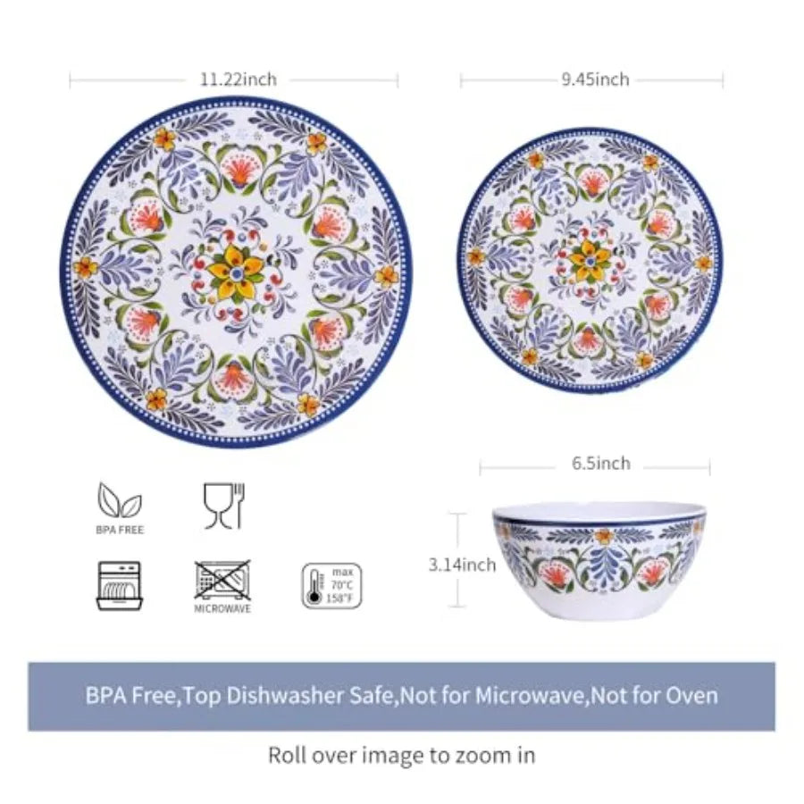 Melamine Dinnerware Set 12 Piece Serves Four Unbreakable Plates and Bowls