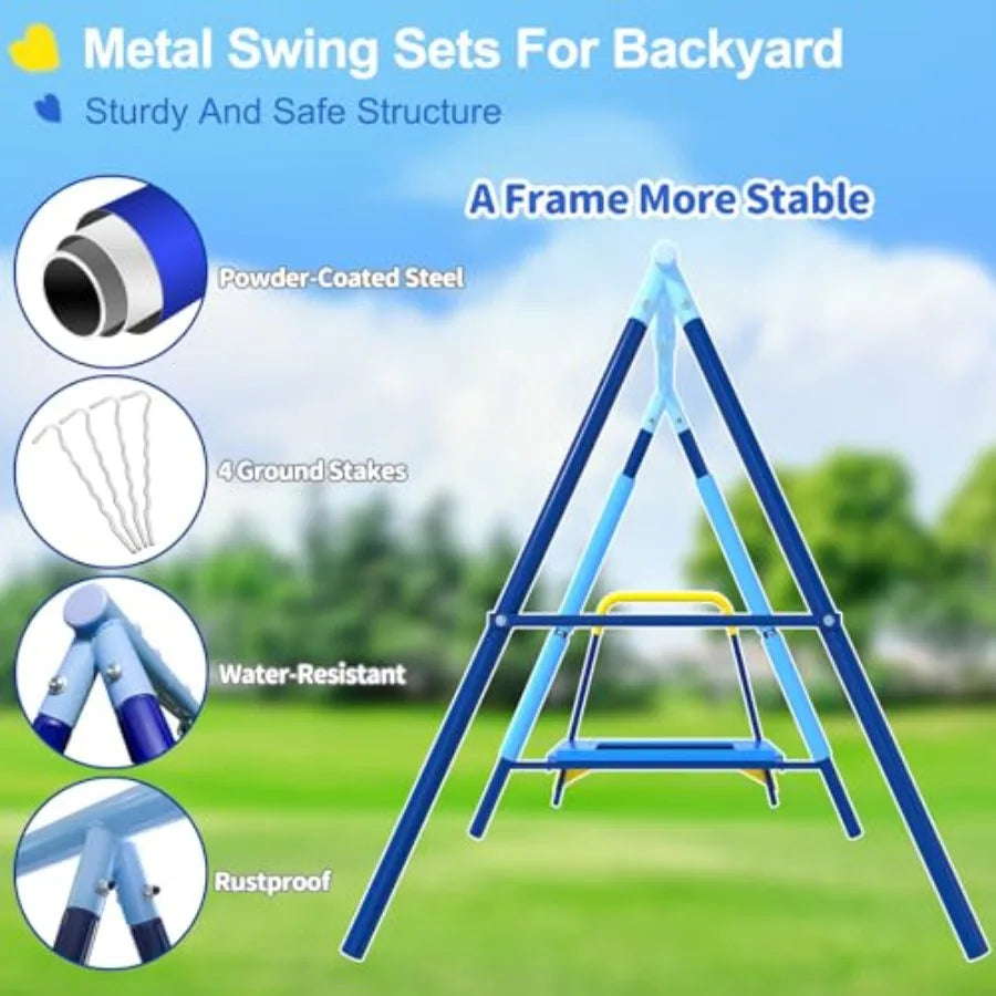 440lbs Swing Set 3in1 Outdoor Playground with Saucer Swing Belt Seat and 4ft Trampoline Heavy Duty AFrame Metal Stand and Safet