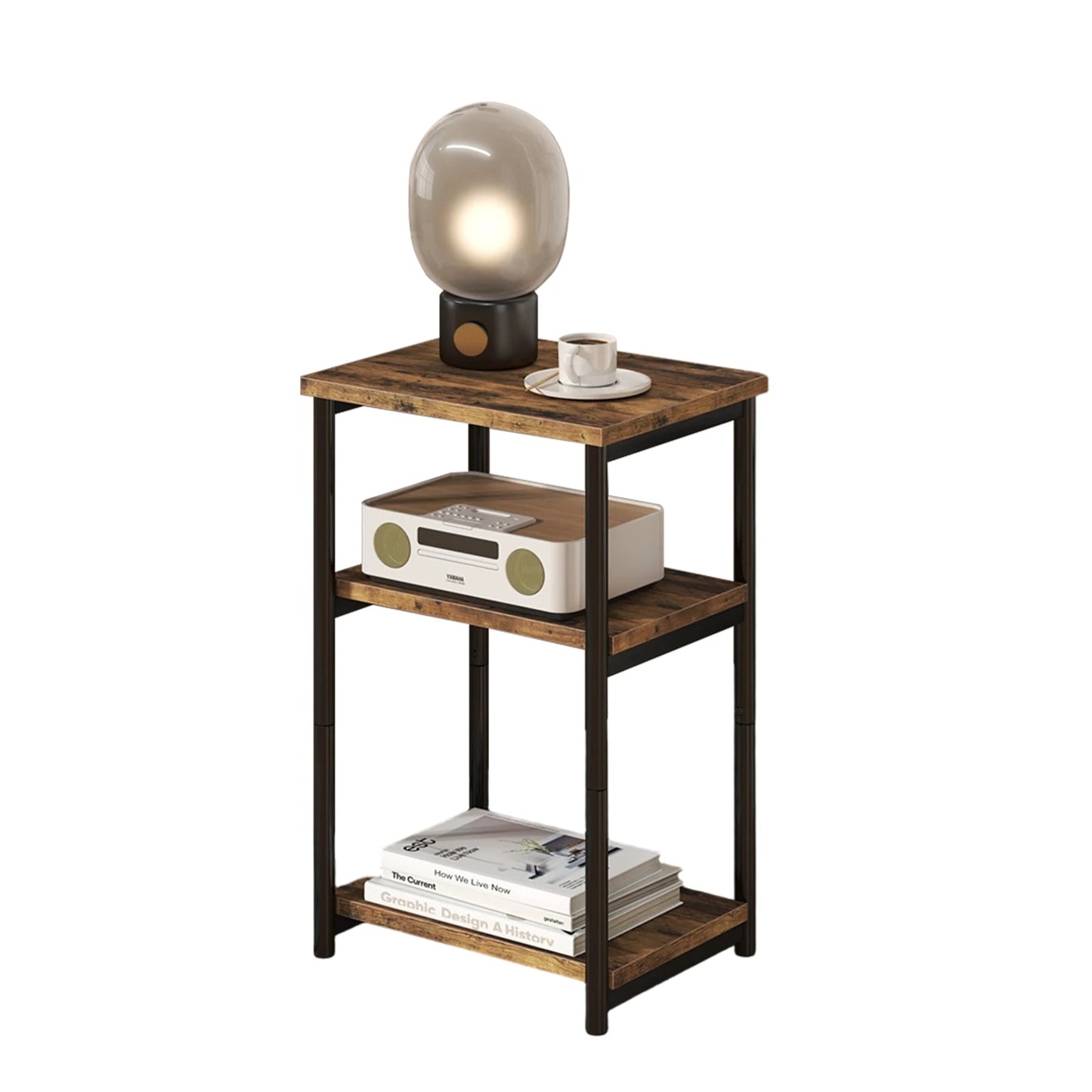 3 Tier End Table With Storage Shelves Rustic Narrow Sofa Side Table Metal Frame