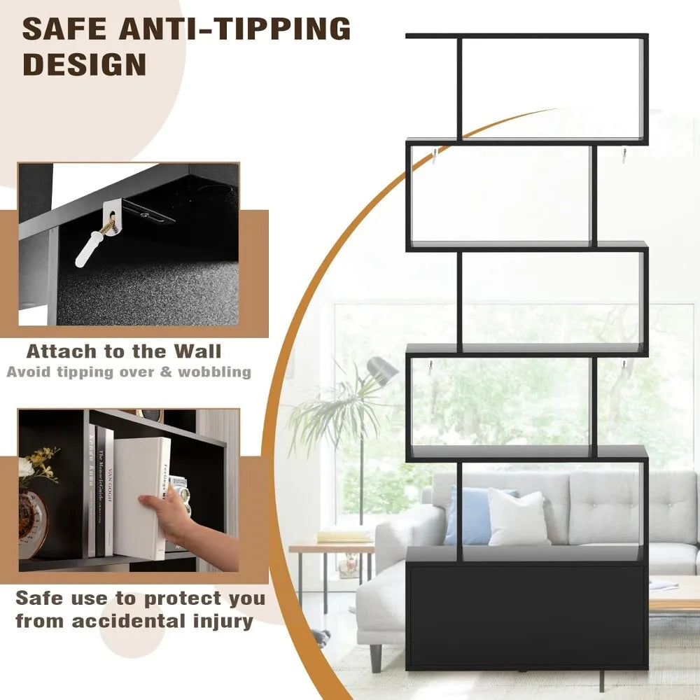 6-Tier Tall Bookcase with Cabinet, Anti-Tipping, Home Storage Organizer, Geometric Style