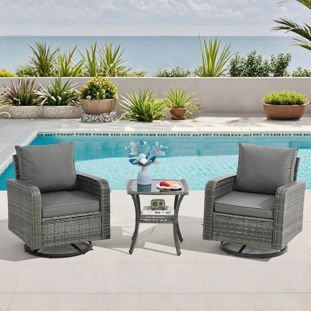 3 Piece Outdoor Wicker Patio Set With Swivel Chairs And Side Table Grey