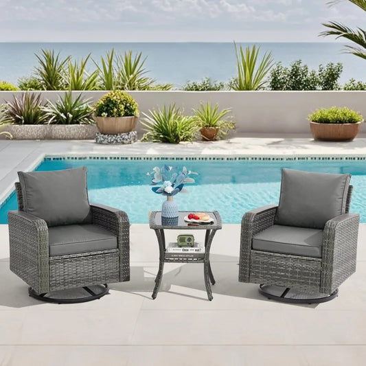 3 Piece Outdoor Wicker Patio Set With Swivel Chairs And Side Table Grey
