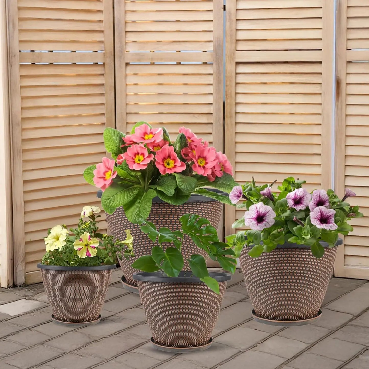 16 Inch Plant Pots Set Of 4 With Trays Lightweight Plastic Planters Black Copper