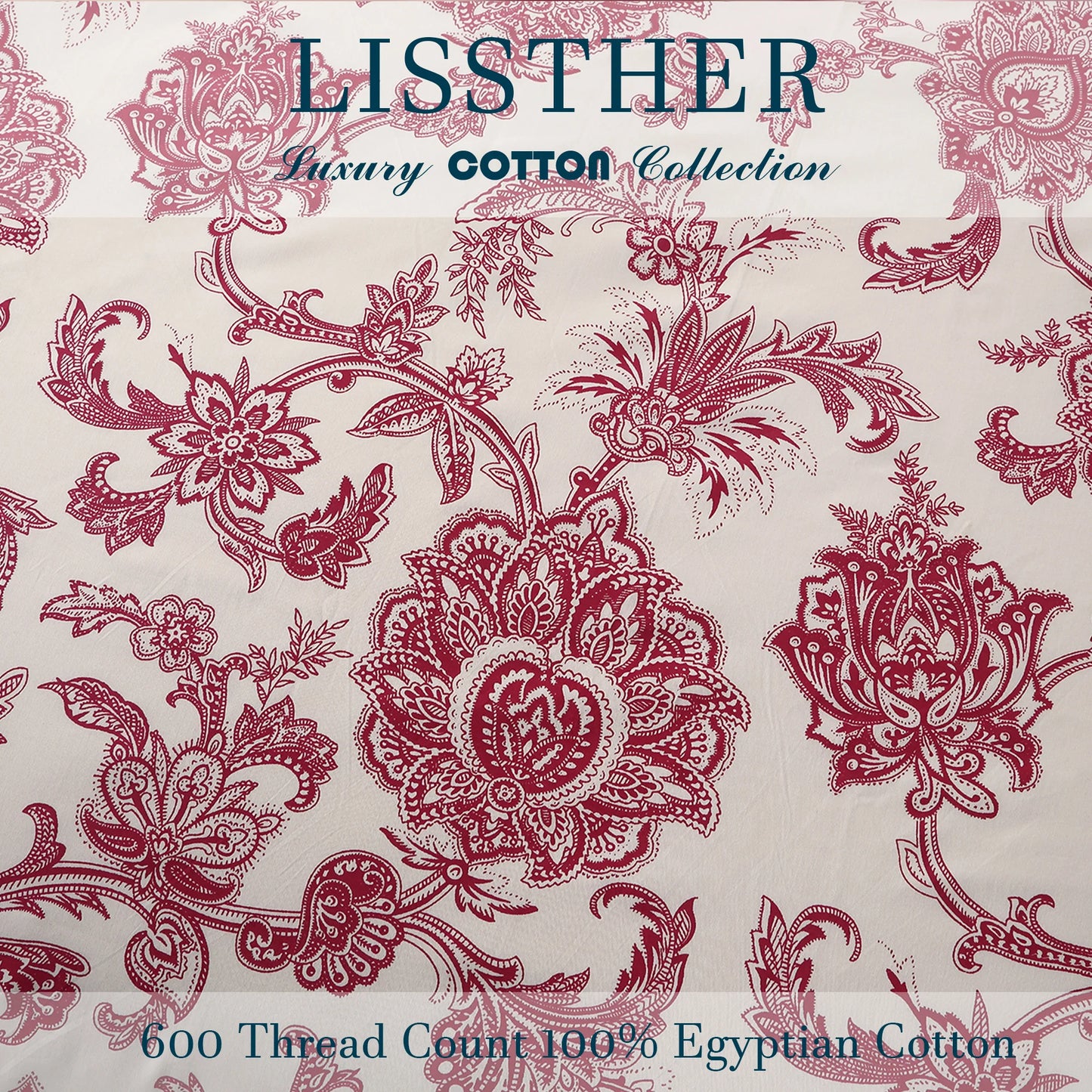3Pc 600TC 100 Percent Egyptian Cotton Duvet Cover Set Vintage Red Floral Moire