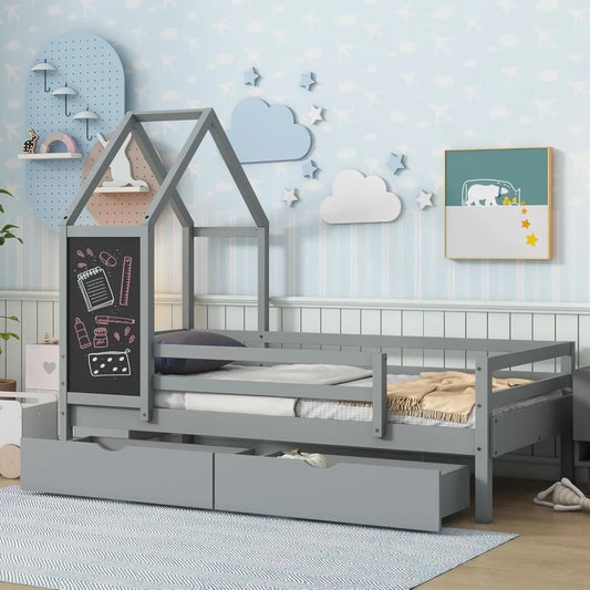 Twin Size Kids House Bed with Storage Drawers, Wooden Twin Bed Frame for Kids with Blackboard for Bedroom, Modern Montessori Twi