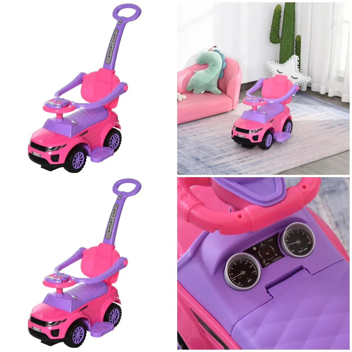 Pink Three In One Push Car For Toddlers Ride On With Horn Music Lights Safe Bar