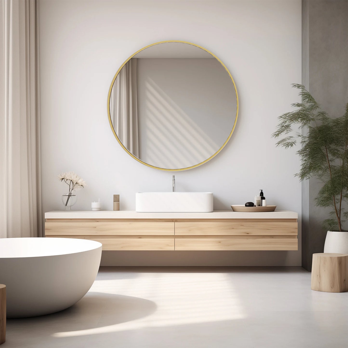Jhk Matte Gold Round Wall Mirror 30 Inch Modern Tempered Glass