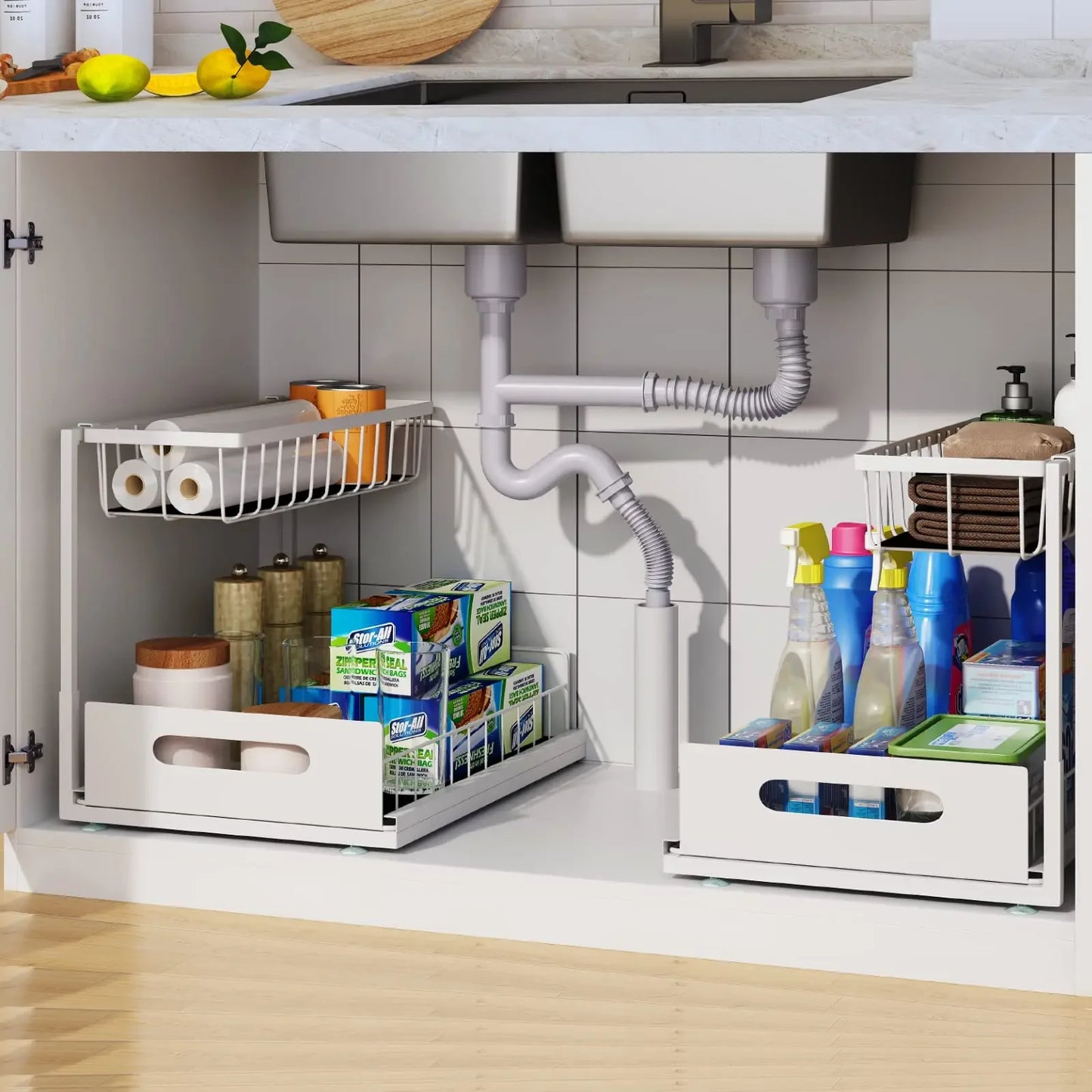 Double Layer Sliding Rail Under Sink Storage Rack For Bathroom And Kitchen