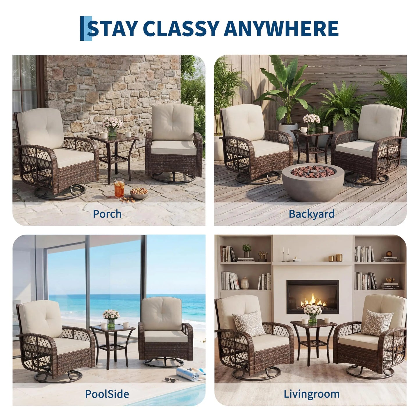 3 Piece Patio Furniture Set, Outdoor Swivel Glider Rocker Chairs With Washable Cushions & Glass Table For Porch Backyard