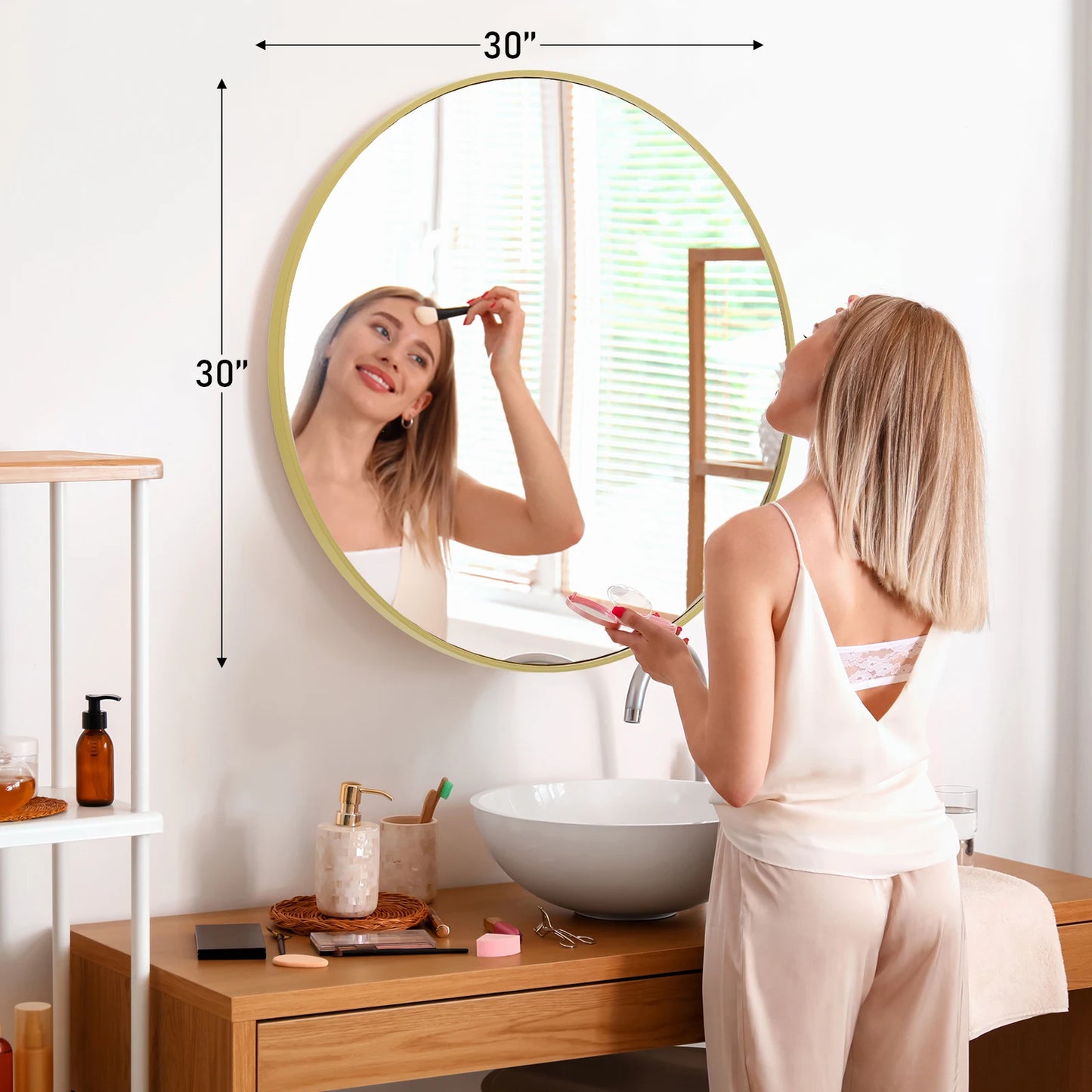 Jhk Matte Gold Round Wall Mirror 30 Inch Modern Tempered Glass