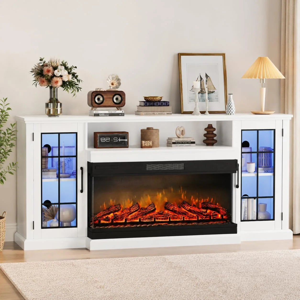 75“ TV Stand with Electric Fireplace, Farmhouse Entertainment Center for 80 Inch TV, 3-Sided Glass Fireplace Heater 5000BTU, 12 Flame Colors, Storage Cabinet with Shelves, Remote Control, Living Room Furniture