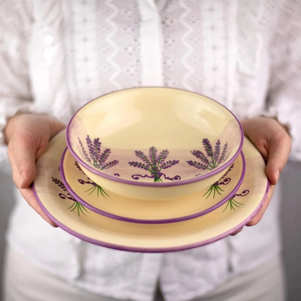 Purple And Cream Handmade Lavender Floral 12 Piece Ceramic Dinnerware Set For 4