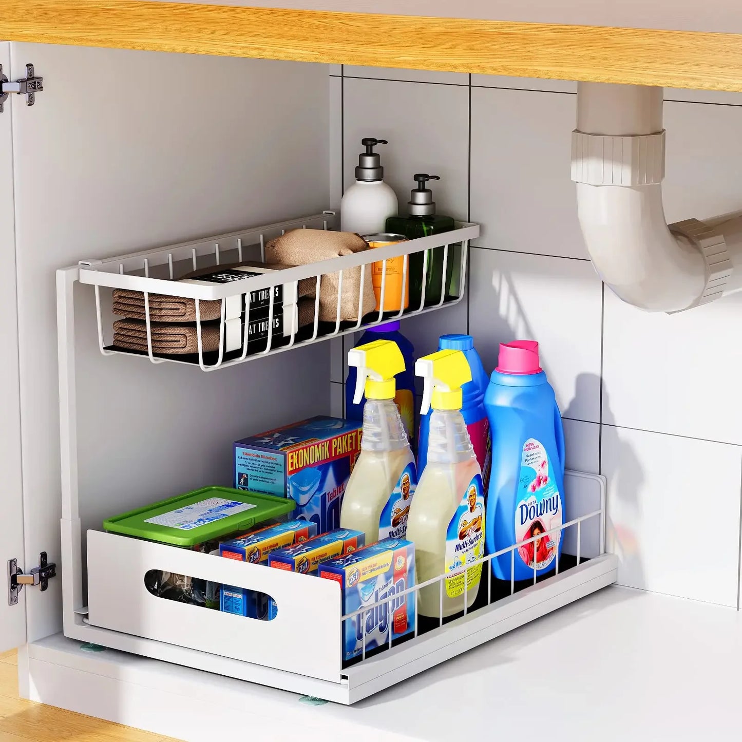Double Layer Sliding Rail Under Sink Storage Rack For Bathroom And Kitchen