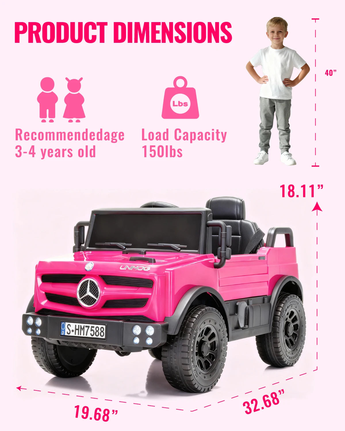 12V Mercedes Unimog Ride On Car For Kids Remote Control Led Lights Music Player