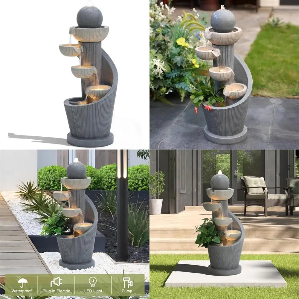 29 Inch Cascading Resin Water Fountain with LED Lights, Modern Indoor Garden Decor, Small Water Feature