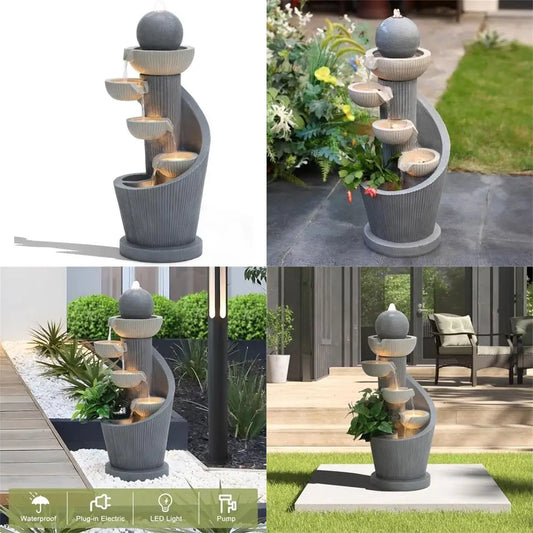 29 Inch Cascading Resin Water Fountain with LED Lights, Modern Indoor Garden Decor, Small Water Feature