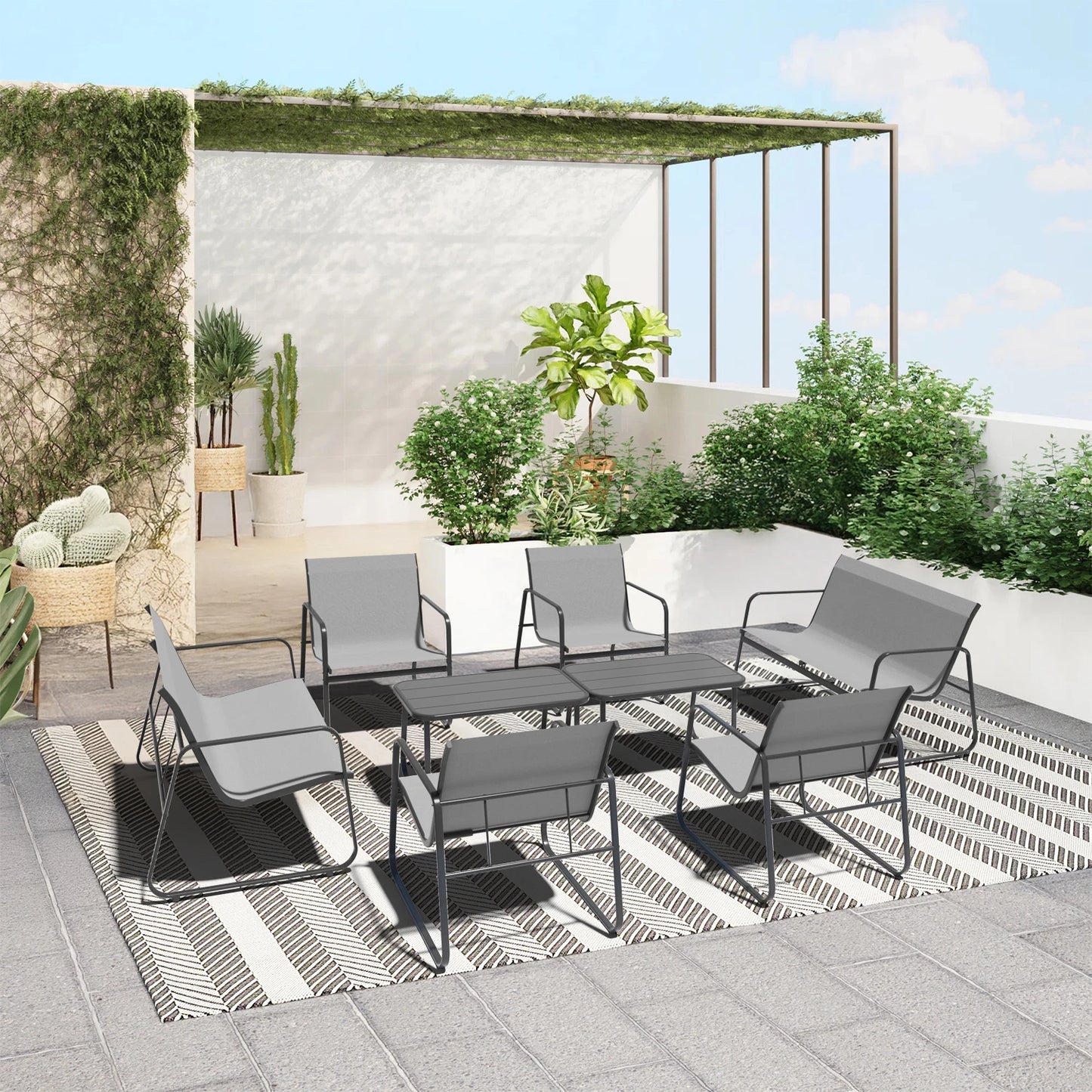 Outdoor Patio Furniture Set 8-Piece, Weather-Resistant Textilene Metal Conversation Set with Loveseat, Chairs & 2 Side Tables, All-Weather Frame for Backyard Porch Deck Garden Poolside