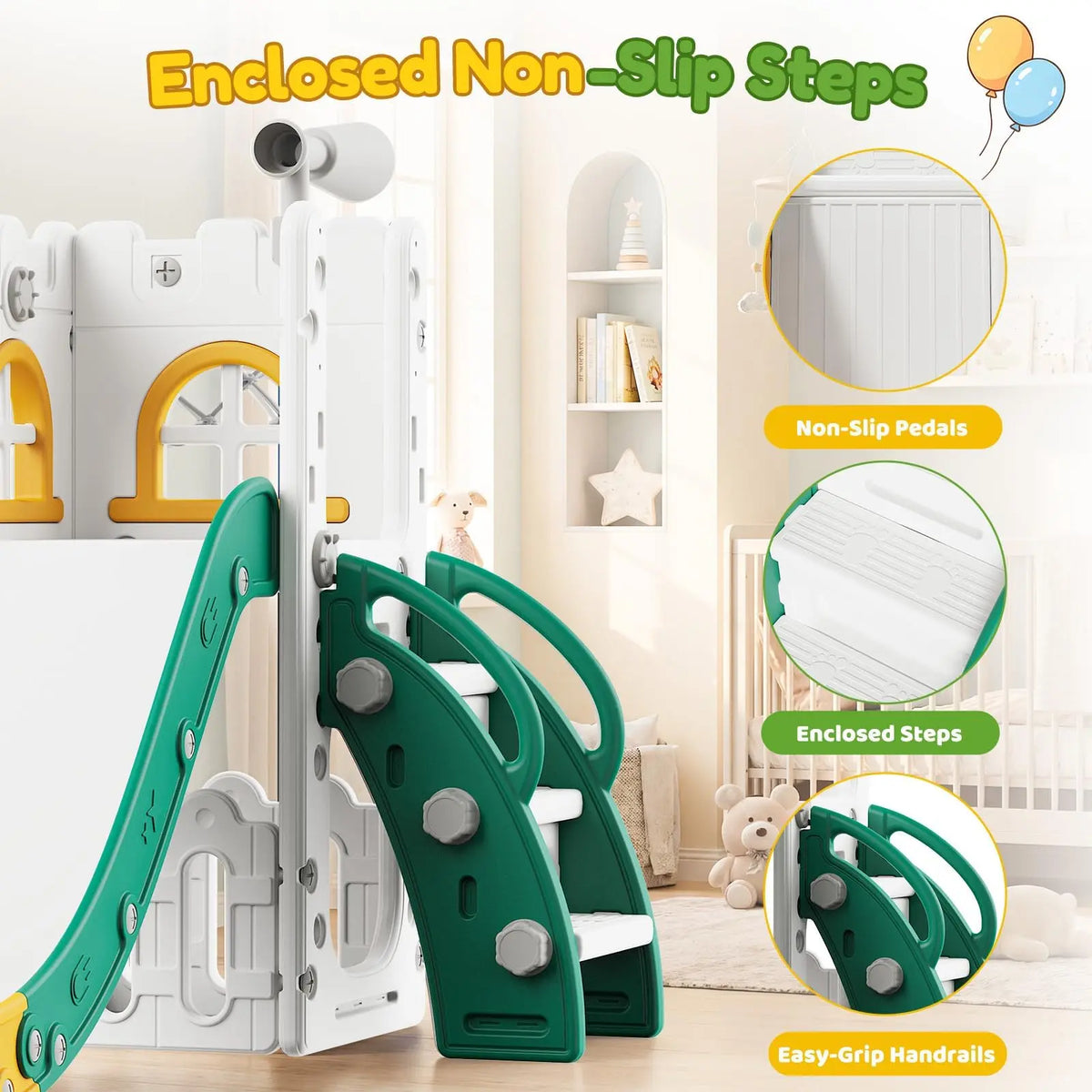 7 in 1 Toddler Slide And Swing Set Indoor Outdoor Kids Playground Climber Basketball Hoop Telescope Castle Playhouse For Ages 1+