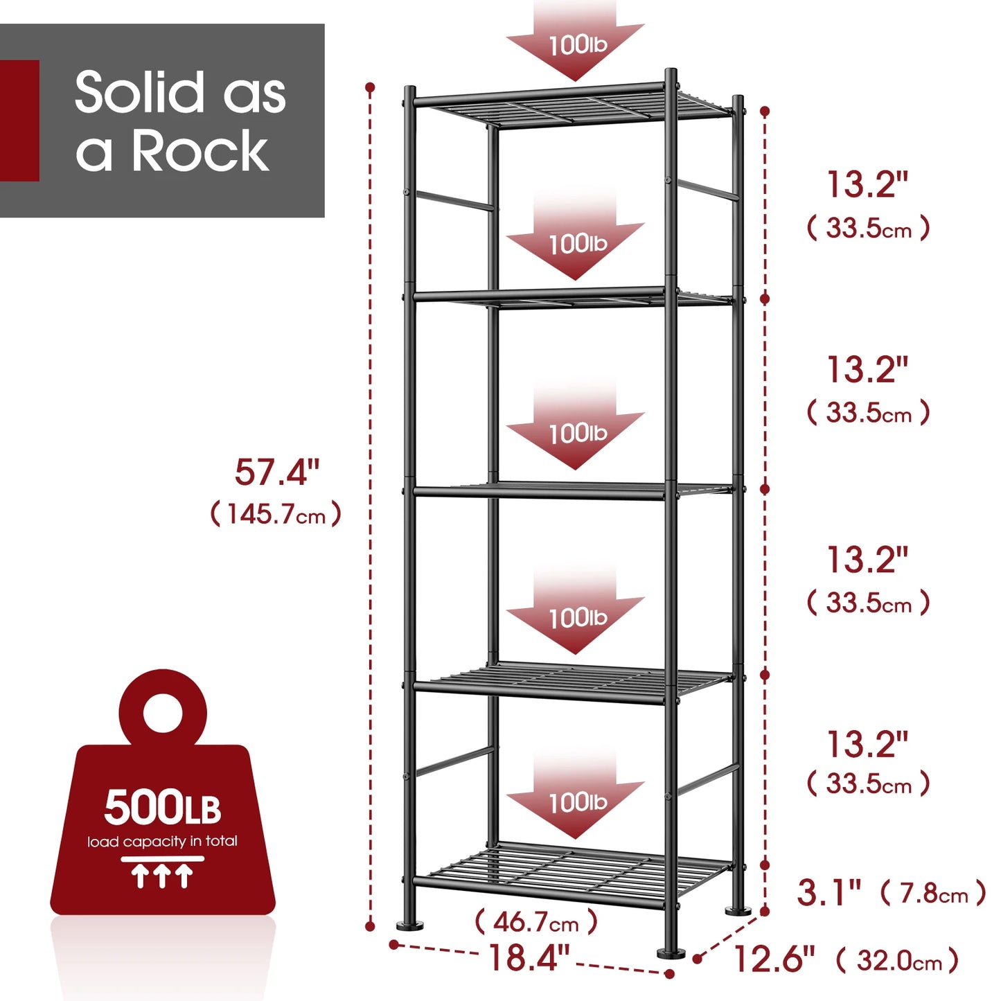 Five Tier Metal Storage Shelves Heavy Duty 500lb Adjustable Feet 18x12x57 Black