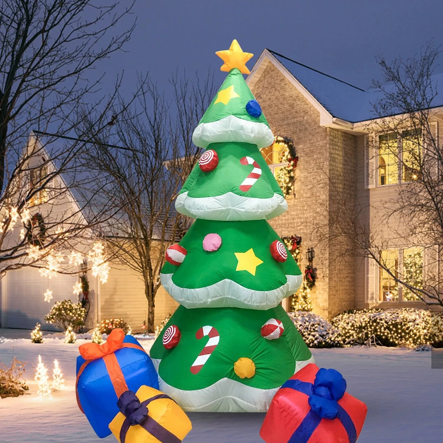 2.4M 8FT Christmas Inflatable Wall-Climbing Elderly Figure Seated Gift Hat Christmas Tree Decoration Outdoor Garden Ornament