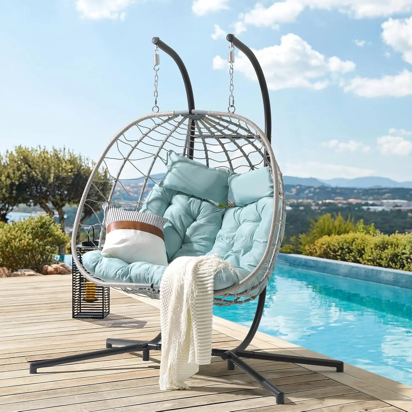 2 Person Double Wicker Rattan Egg Swing Chair With Stand Cushions And Pillow