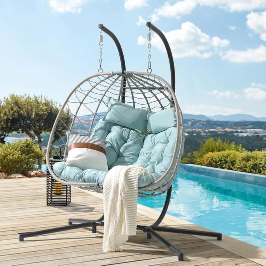 2 Person Double Wicker Rattan Egg Swing Chair With Stand Cushions And Pillow