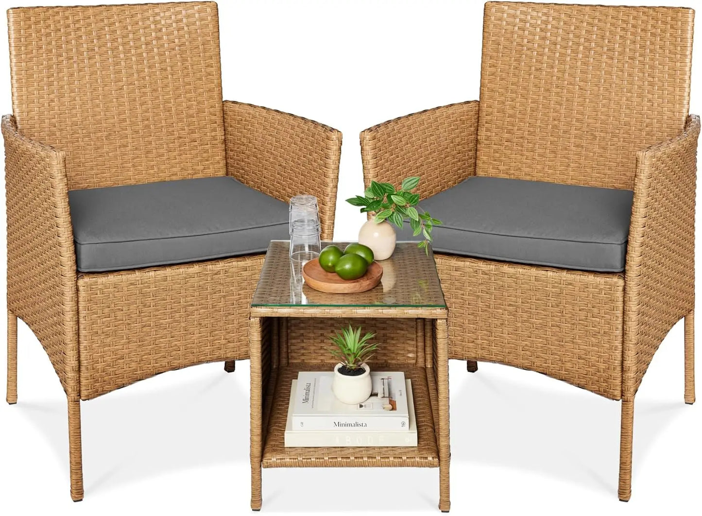 3-Piece Outdoor Wicker Conversation Bistro Set, Space Saving Patio Furniture for Garden w/Side Table