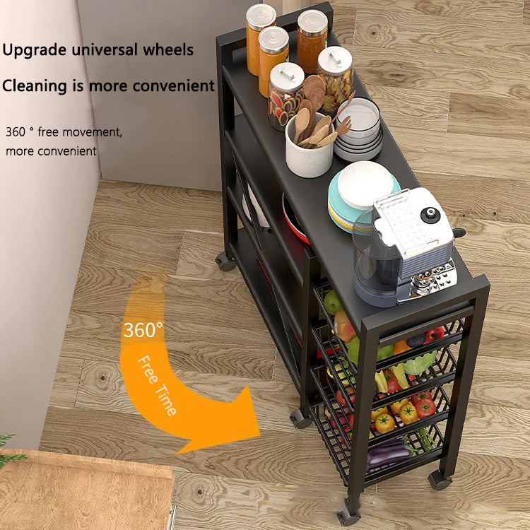Movable Storage Rack Four Tier Metal Kitchen Shelving With 3 Wire Baskets Wheeled