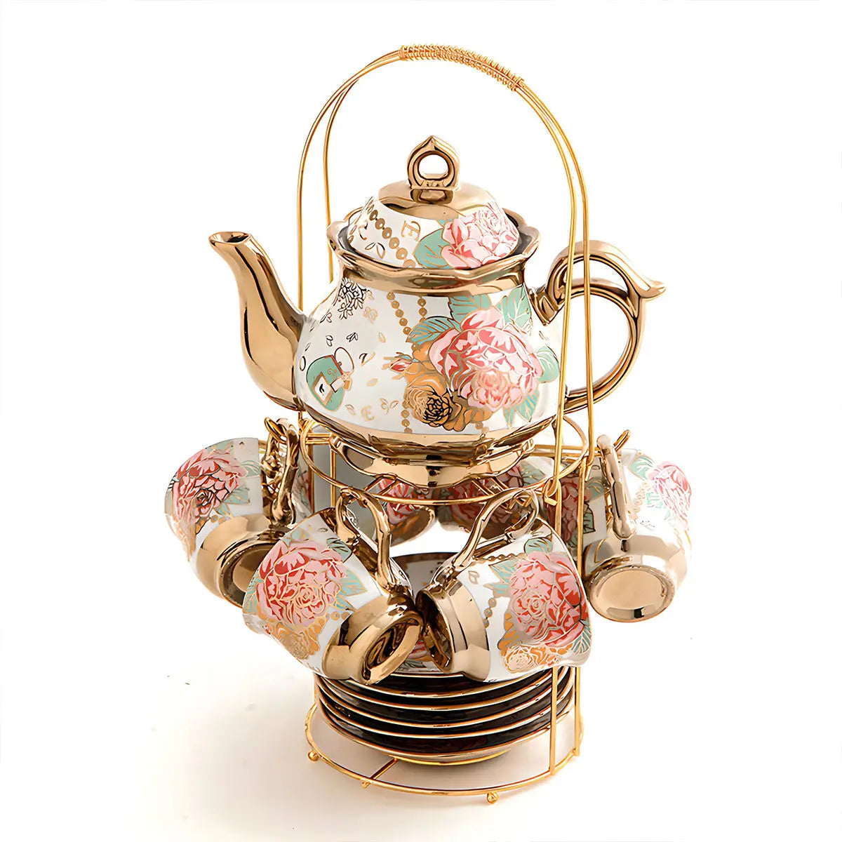 20PCS Ceramic Tea Set with Teapot Espresso Cups Saucers Spoons Display Rack Floral Gold Coffee Service Gift for Wedding Home
