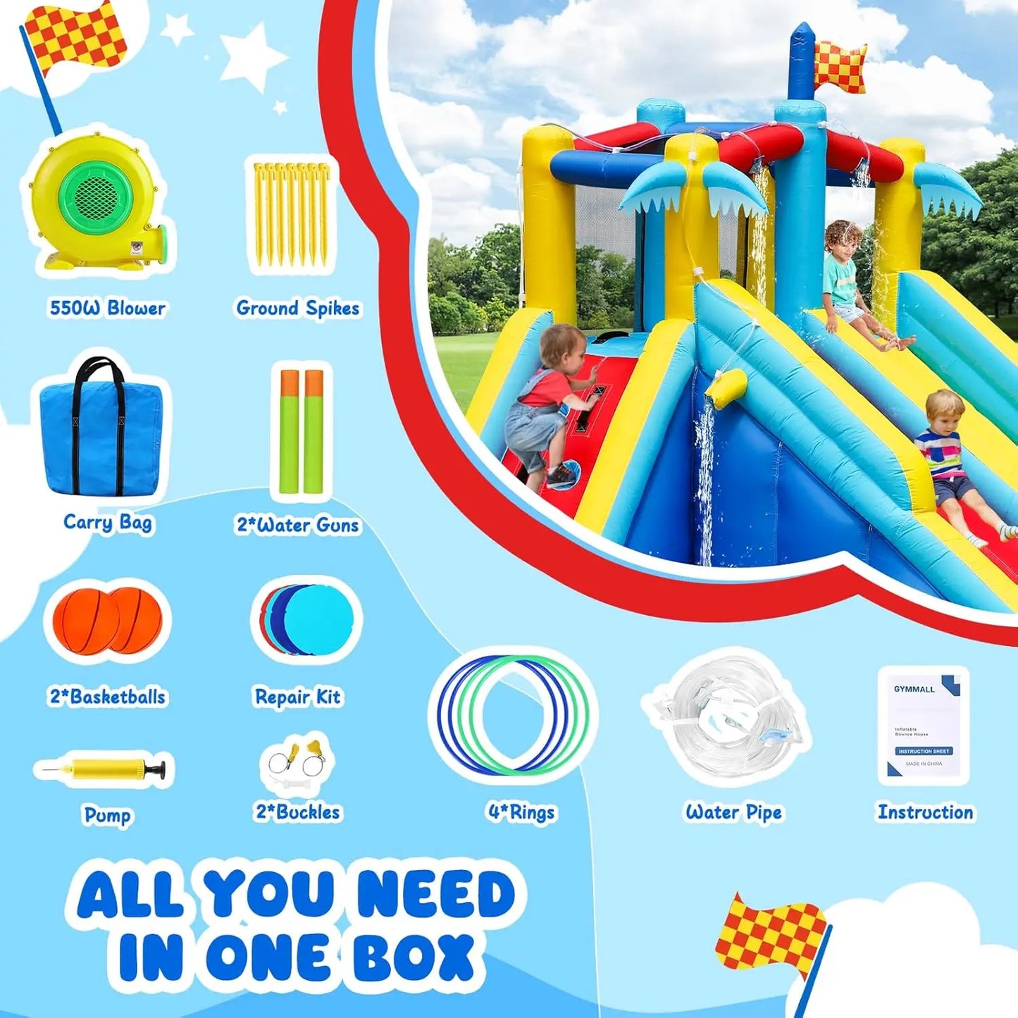 Inflatable Water Slide 8 In 1 With 550W Blower For Kids