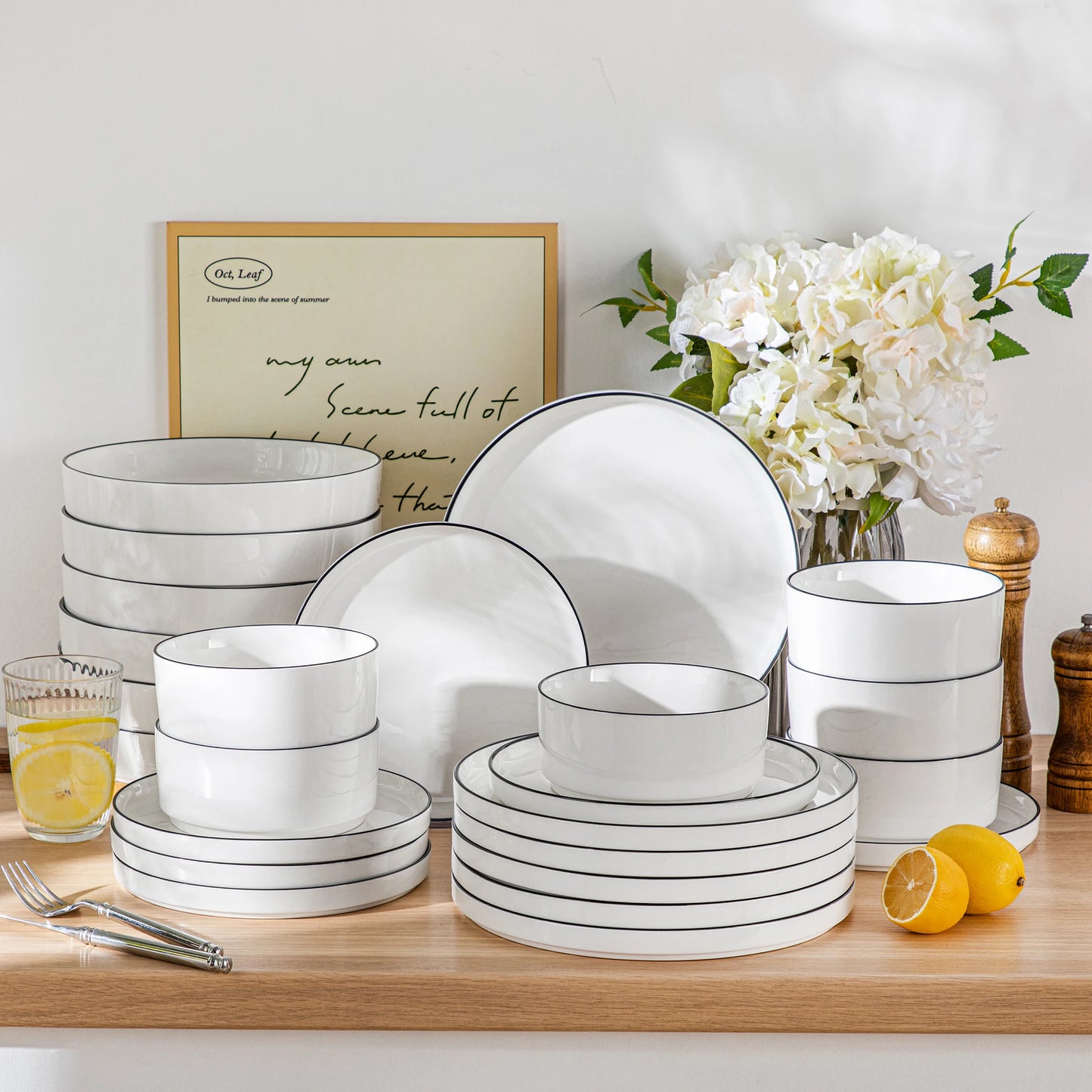 Malacasa Ceramic Dinner Plate Set Black Rim Half Standing Edge Design
