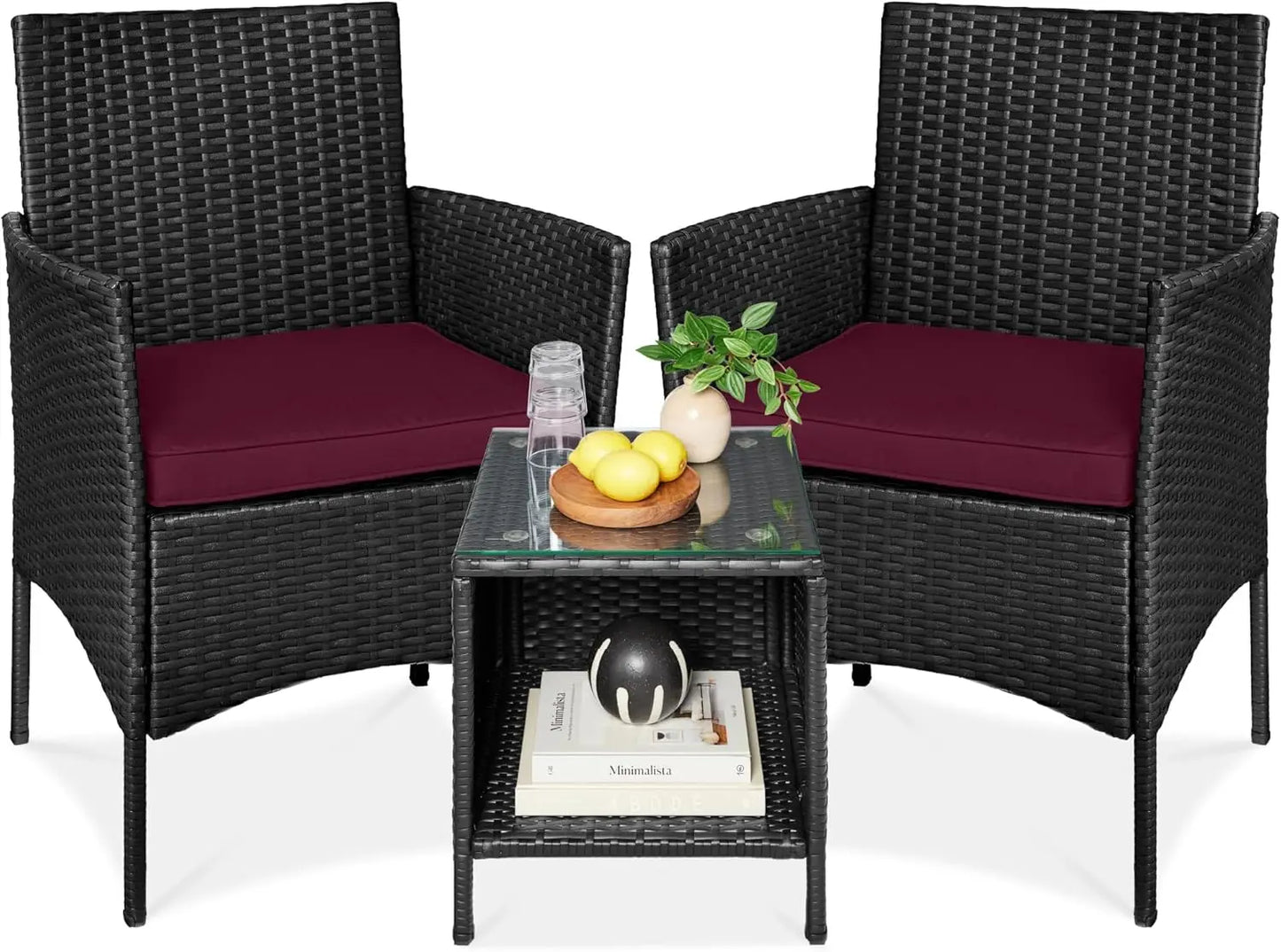 3-Piece Outdoor Wicker Conversation Bistro Set, Space Saving Patio Furniture for Garden w/Side Table