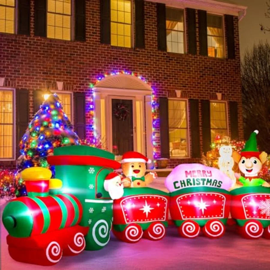 12Ft Christmas Inflatables Train with Santa Claus Reindeer Gingerbread Man Builtin LED Lights Blow Up Christmas Decor for Chris