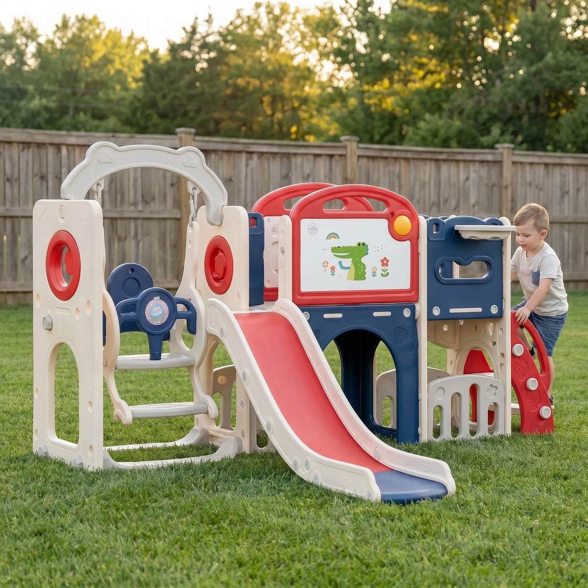 12‑in‑1 Kids Play Castle Playset Toddler Slide and Swing Set with Drawing Board Basketball Hoop HDPE Indoor Outdoor Children Playground Toy for 1‑6 Years Old