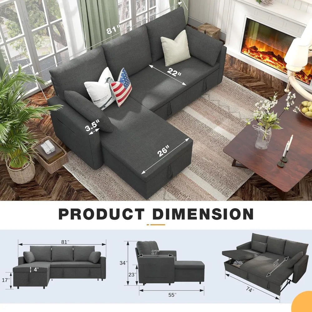 Polar Aurora Sleeper Sofa Bed With Storage Chaise Frame