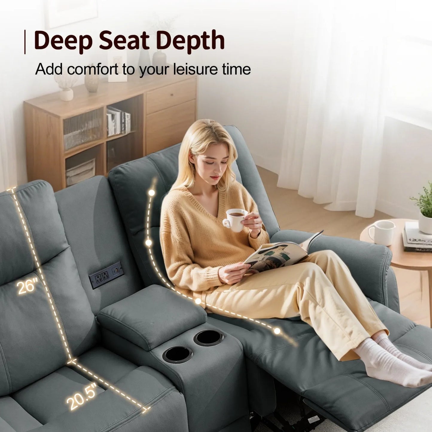 Korser Two Seater Loveseat Recliner With USB Ports And Cup Holders