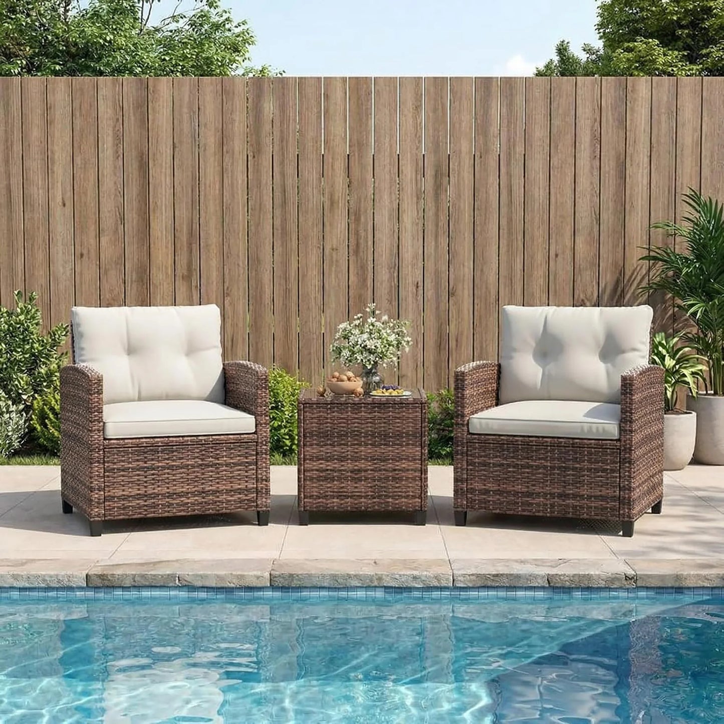 Outdoor Bistro Set 3-Piece Wicker Patio Furniture Rattan Seating With Coffee Table & Washable Cushions For Garden Backyard