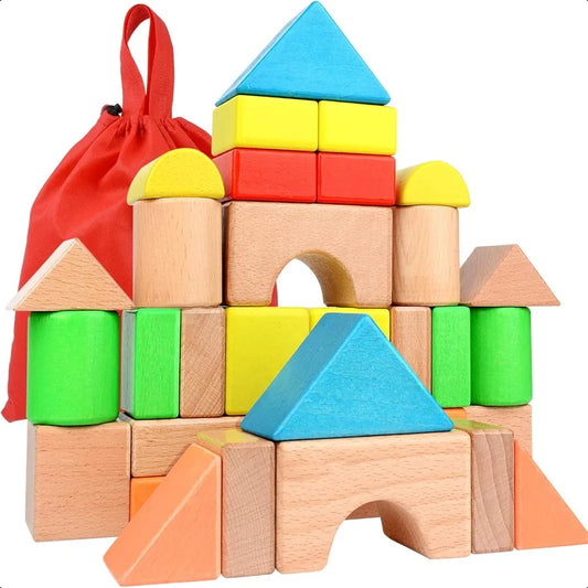 Large Wooden Building Blocks Set Educational Preschool Learning Toys with Carrying Bag Toddler Blocks Toys for 3+ Year Old Boy