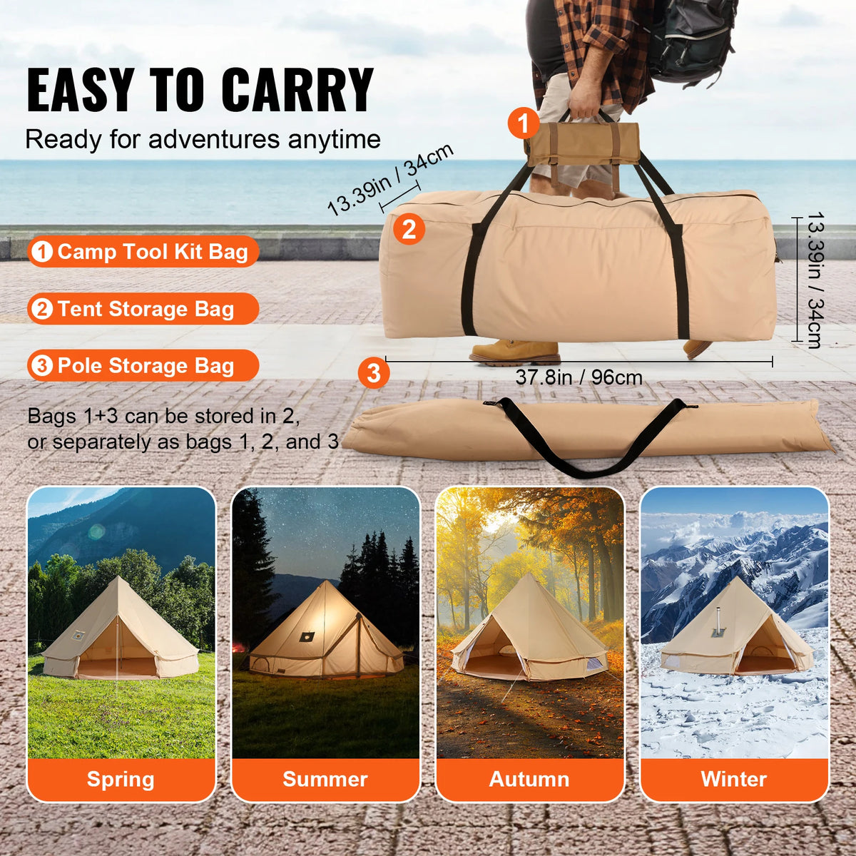 SucceBuy Canvas Bell Tent With Chimney Vent For 4 Season Camping Sleeps 8