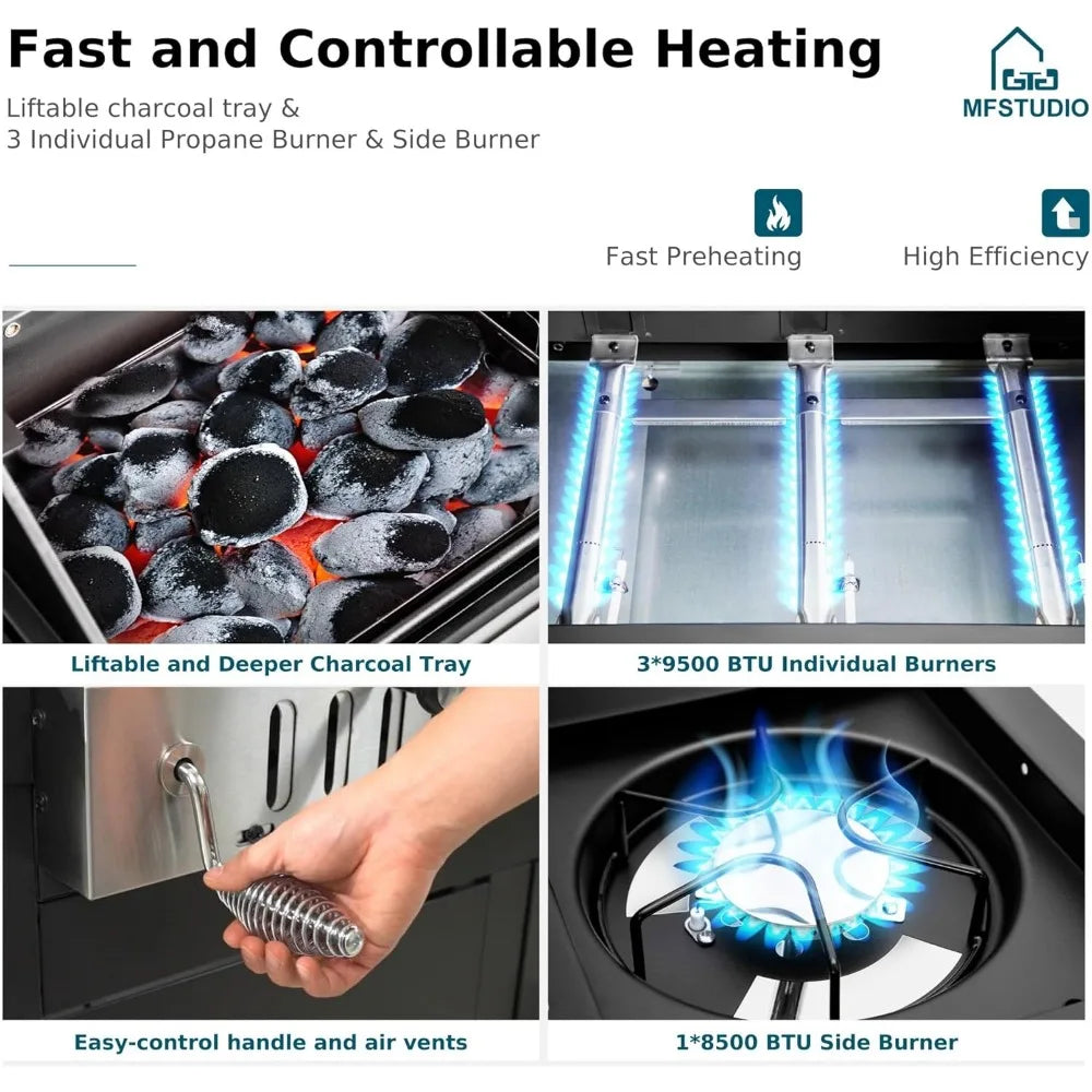 3 In 1 Gas And Charcoal Grill Combo With Side Burner Propane