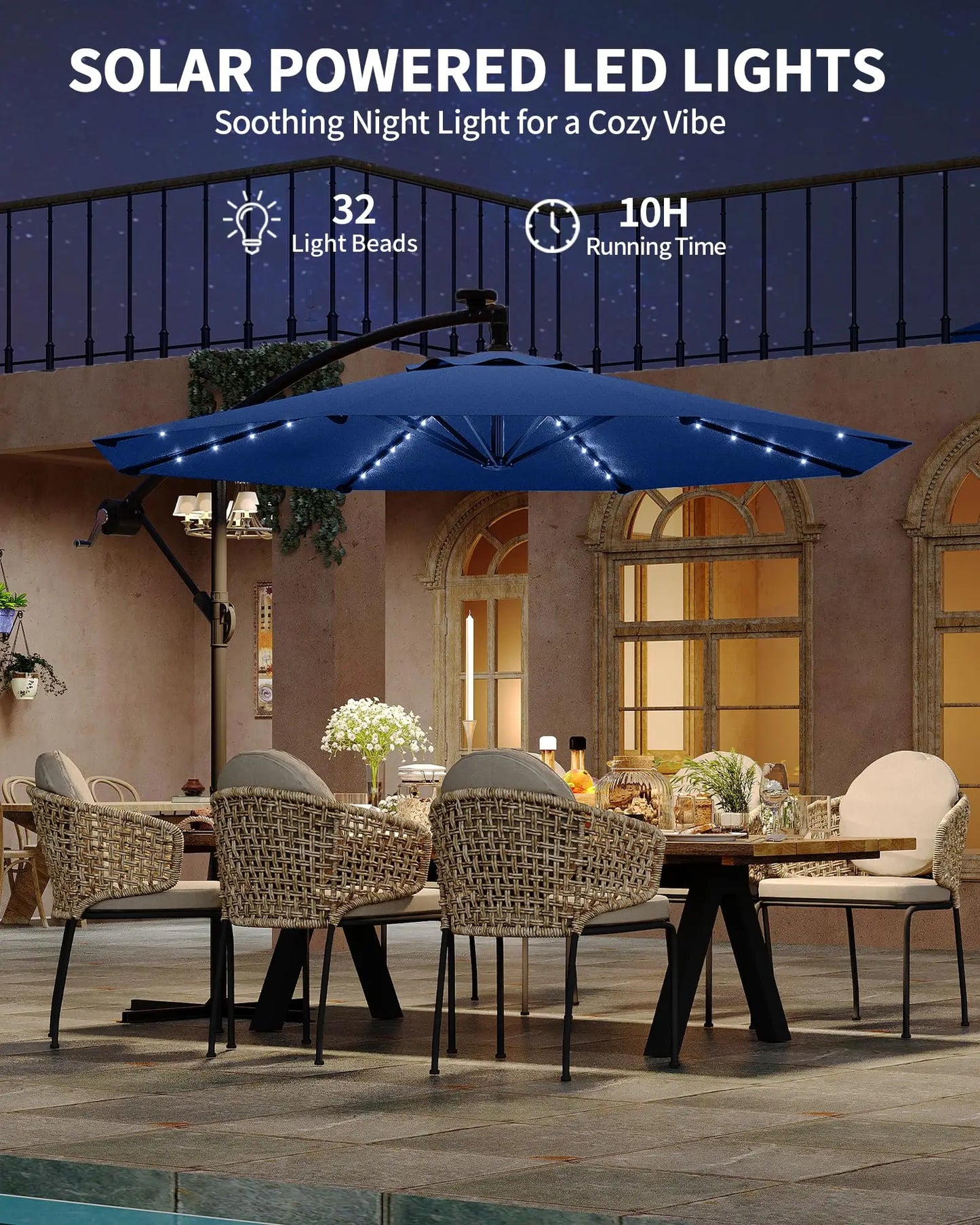 10Ft Cantilever Offset Patio Umbrella With Solar LED Lights